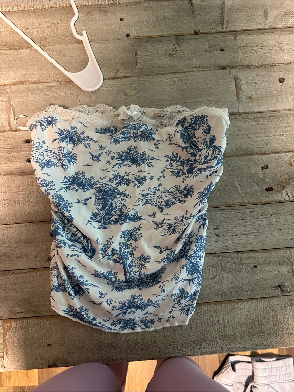 Blue Toile Strapless Camisole with Lace Trim